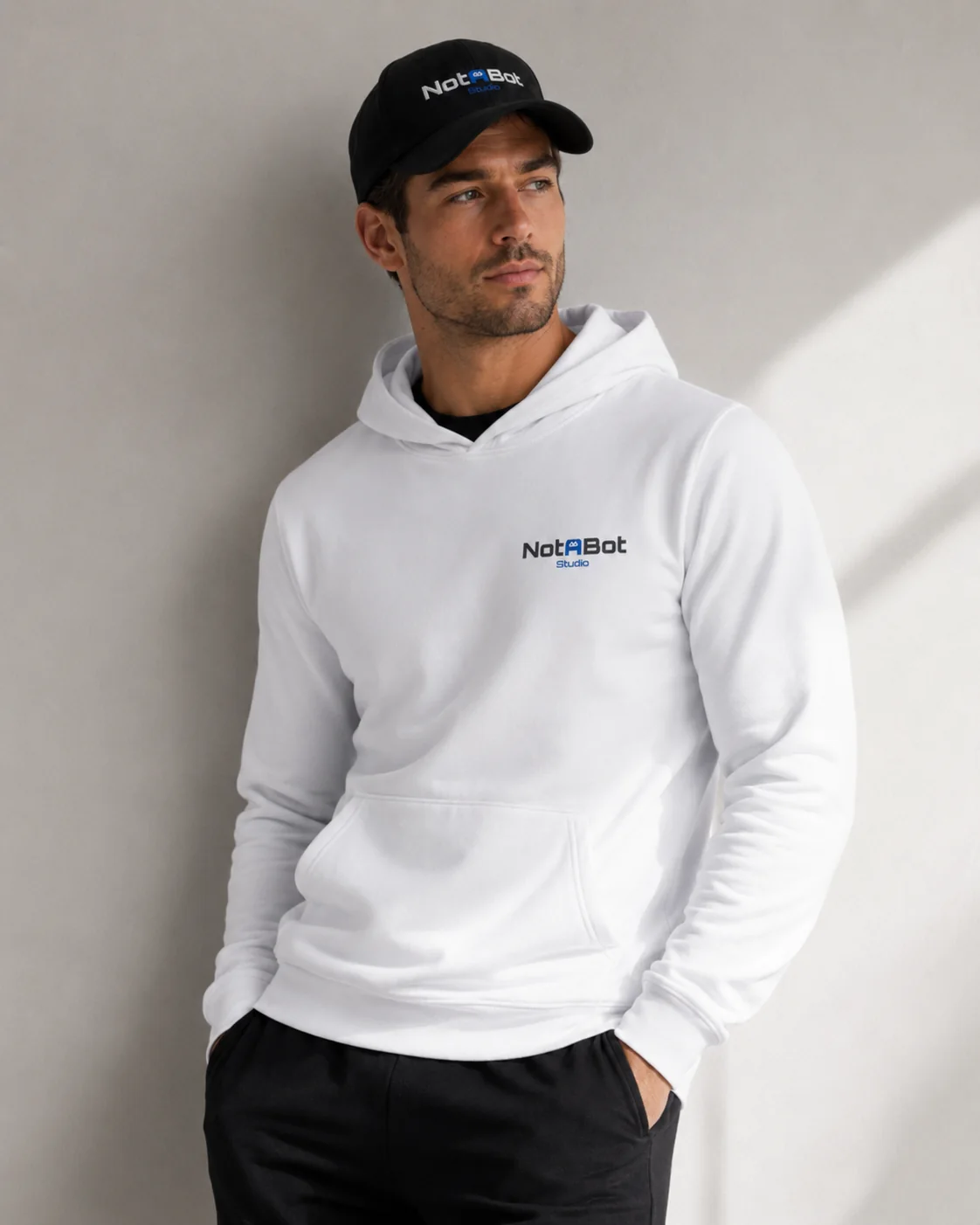 White Notabot Studio hoodie and cap